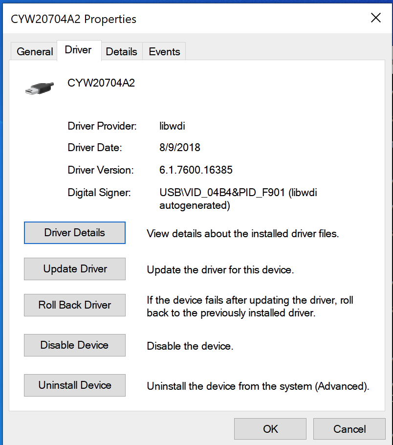 Device Manager showing CYW20704A2